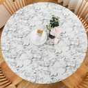 LIBERECOO Round Vinyl Fitted Tablecloth with Flannel Backing Elastic Edge Table Cover Waterproof Stain-Resistant Wipeable Tablcloths Fits 40-44" Round Tables (White Marble)