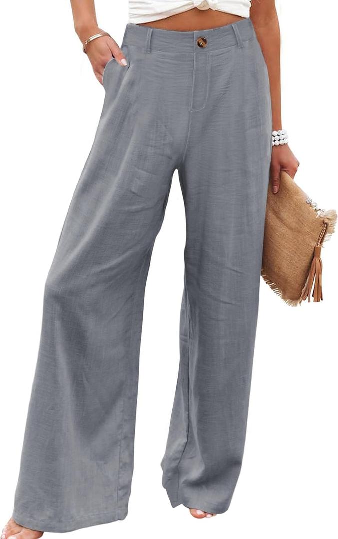 Hooever Womens Cotton Linen Pants Casual Button Up High Waisted Wide Leg Trousers (Gray, L)