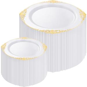 200PCS White and Gold Plates - Gold Plastic Plates - Fancy Disposable Plate - Gorgeous 10inch Dinner & 7.25 inch Dessert Plate for 100 Guests for Wedding & Party