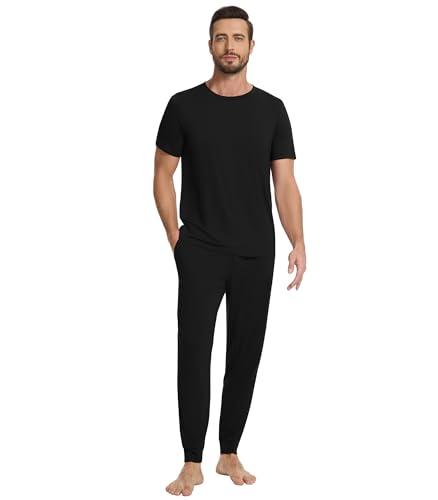 WiWi Men's Pajama Sets Viscose from Bamboo Sleepwear Short Sleeve Top and Pants Pjs Sets with Pockets Drawstring  Black, Small
