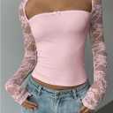 SOLY HUX Women's Lace Sheer Long Sleeve T Shirt Y2k Square Neck Slim Fit Going Out Crop Tops (Pink, S)