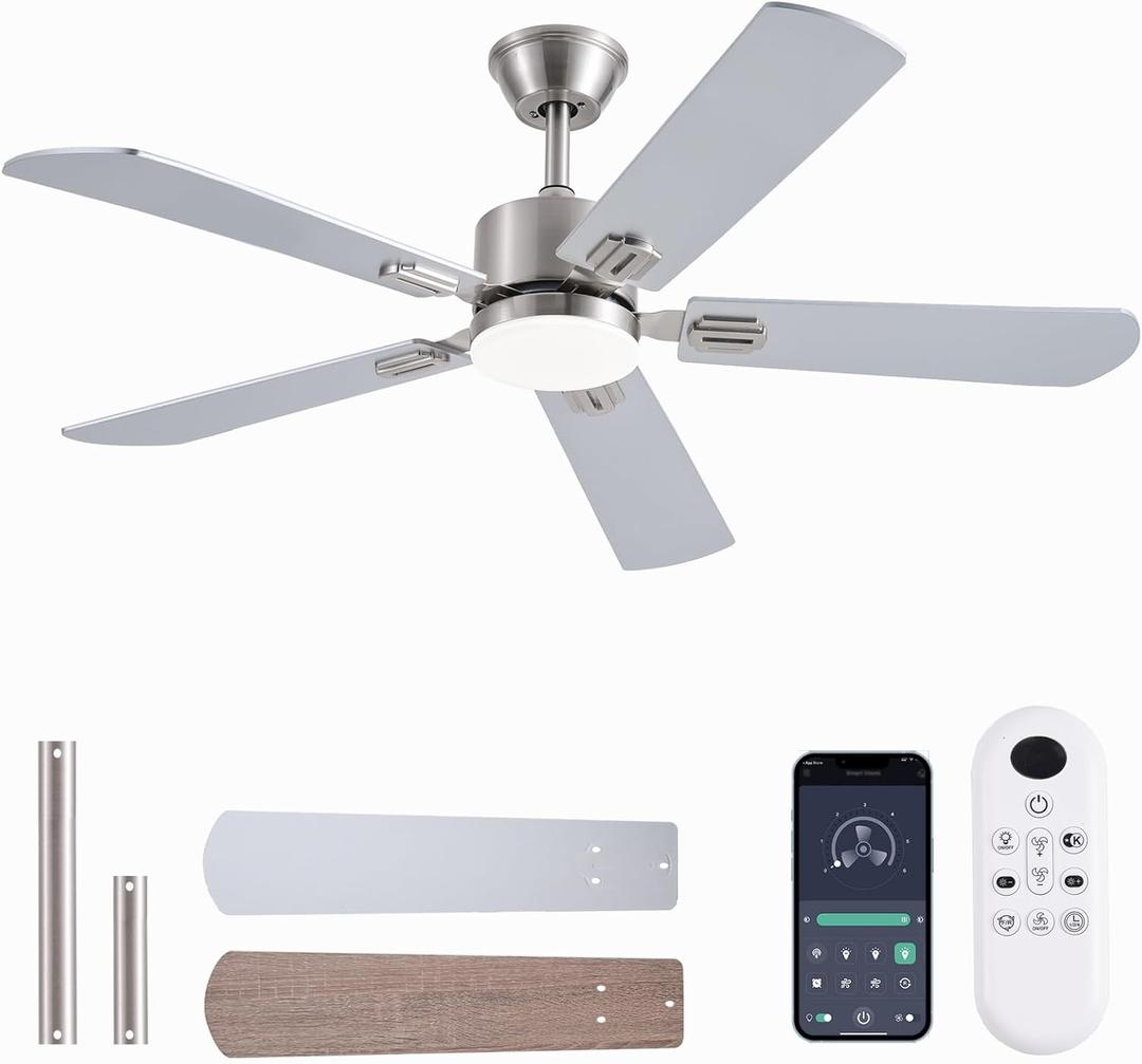 52inch Ceiling Fans with Lights and Remote/App Control, Double-Side Blades, Dimmable LED, Reversible DC Motor, Noiseless, Modern Low Profile Ceiling Fan for Indoor/Outdoor Use (Nickel)