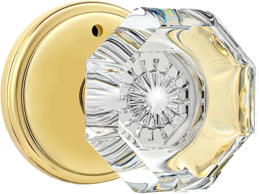 Privacy Crystal Glass Door Knobs Interior with Lock, Modern Octagon Door Knobs for Bedroom/Bathroom, Gold/Polished Brass