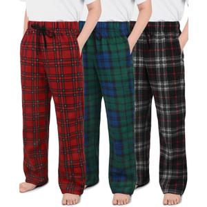 IHU 3 Pack Boys Pajama Pants Kids Micro Fleece Pj Bottoms Sleepwear Plaid Lounge Pant with Drawstring Pockets Boy Clothes (12-14 Years, Gray Plaid, Red Plaid, Blue Plaid)