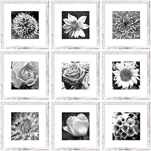 Yaetm 12x12 Picture Frame with Mat for 8x8 Set of 9, Square 12 x 12 Frames, White Gallery Wall Frame 12x12 for Wall Hanging (9 pack, Rustic White)