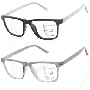 JO Progressive Multifocus Reading Glasses 2 Pack Reader with Metal Core Wire Acetate Frame for Near Workspace (Black/Grey, 3, x)