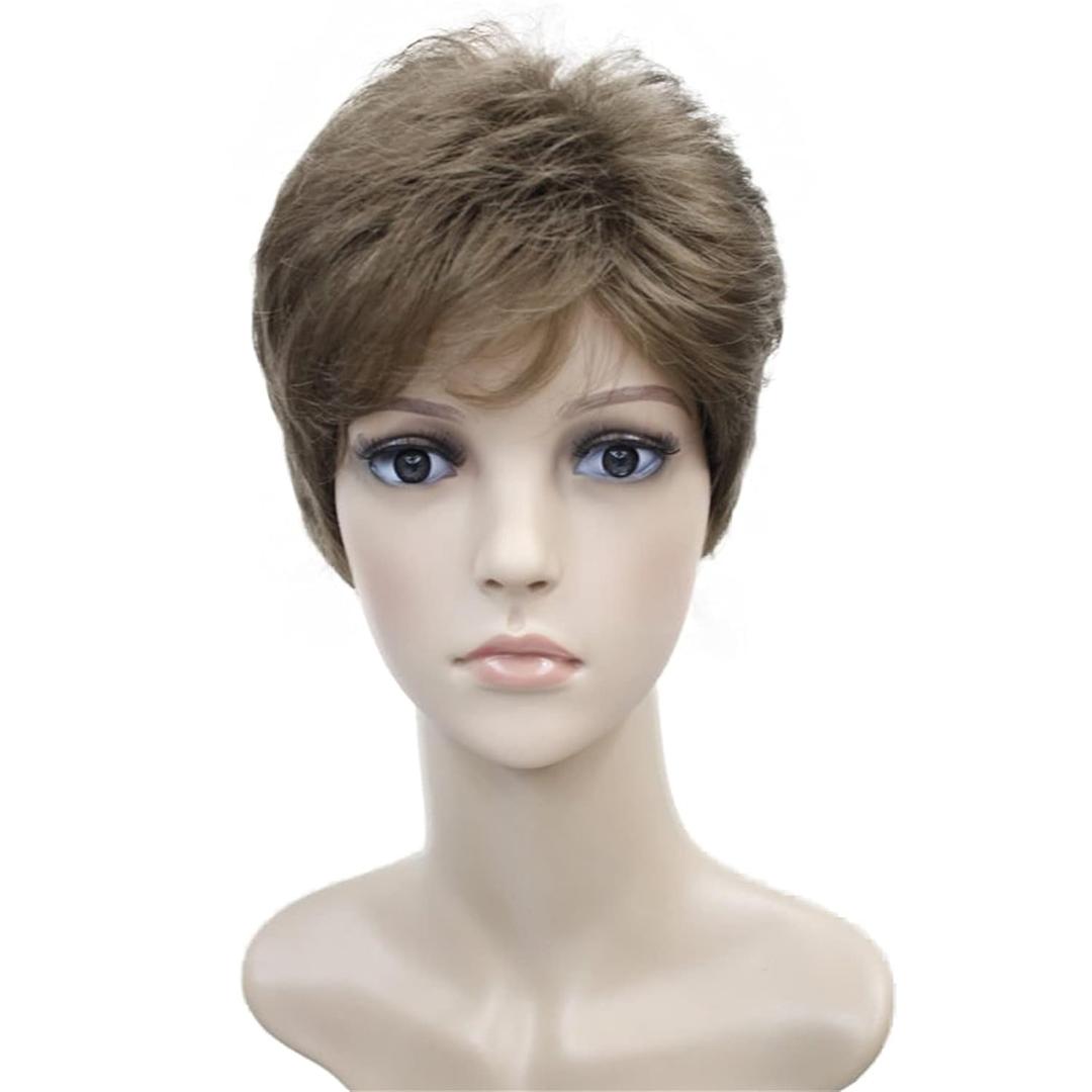 Wiginway Short Synthetic Wigs Golden Brown Fluffy Straight Full Bang Capless Heat Resistant Fiber Wigs for Women