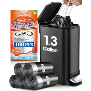 1.3 Gallon 100 Counts (fit 4-5Liter) Mini Drawstring Trash Bags Garbage Bags by RayPard, Small Plastic Trash Can Liner fit 1, 1.2-1.5 Gal Waste Basket for Home Office Kitchen Bathroom, Black