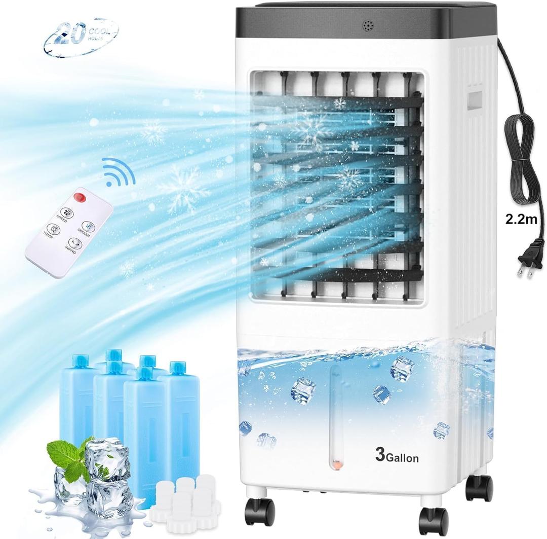 Evaporative Air Cooler, Swamp Cooler with 3 Gal Water Tank, 20H Cooling Time Swamp Cooler Air Conditioner, 80oscillation,Portable Cooling Fan for Office/Room/Garage/Kitchen(Include 6 Ice Packs)