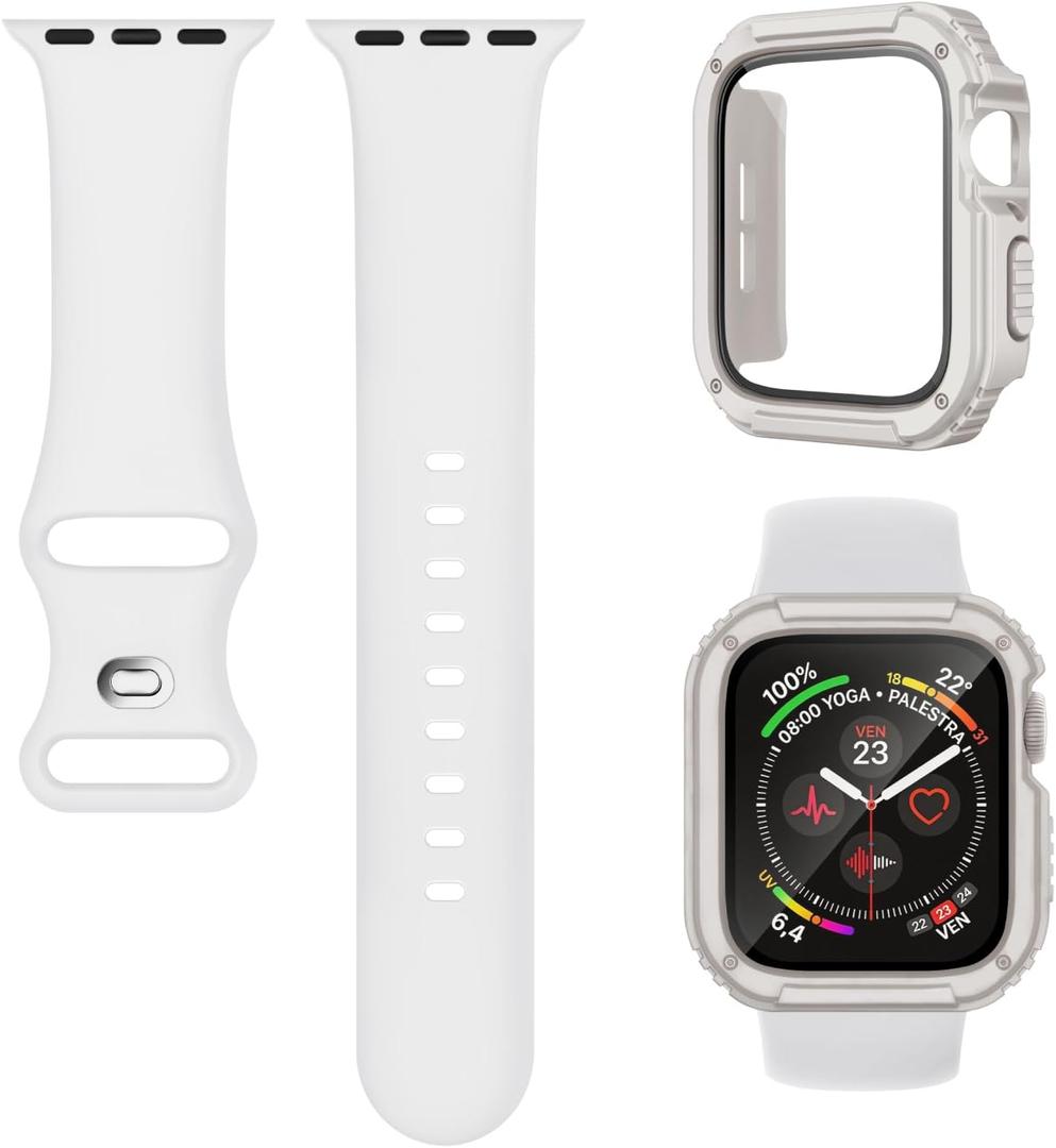 2 x 3-in-1 Silicone Band and Rugged Case Compatible for Apple Watch Bands 44mm 45mm 46mm 42mm 40mm 41mm, Sport Strap and Protective Cover with Screen Protector for iWatch Series 11 10 9 8 7 6 5 4 SE3