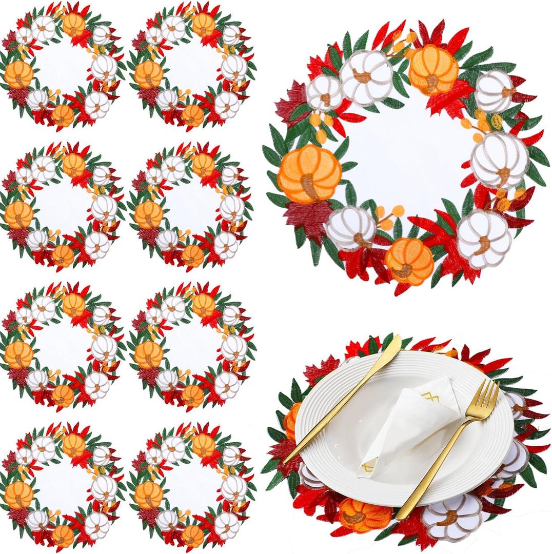Tigeen Thanksgiving Placemats Set of 8, 15 Inch Round Fall Pumpkin Place Mats Cutwork Embroidered Maple Leaves Autumn Table Mats for Fall Autumn Harvest Holiday Kitchen Dining Home Table Decor