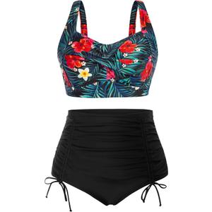 Hanna Nikole Women Plus Size Two Piece Swimsuit Sets Twist Front Bikini Bathing Suit with Drawstring Ruched Bottom (Red&white Flowers), 22Plus