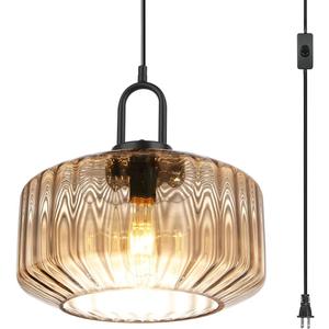 Amber Plug in Pendant Light, Hanging Lamps for Living Room Plug in Glass Globe Pendant Light, Modern Plug in Cord Pendant Hanging Light with 14.7 ft Cord On/Off Switch Striped Glass Shade, D11"* H6.3"