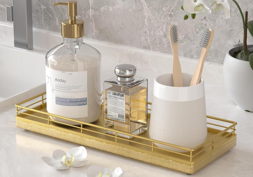 Bathroom Tray for Counter, Oak Wooden 11.2" L Decorative Vanity Tray for Dresser Tops, Kitchen Countertop Organizer, Gold Brushing (11" x 4.3" x 1.5")