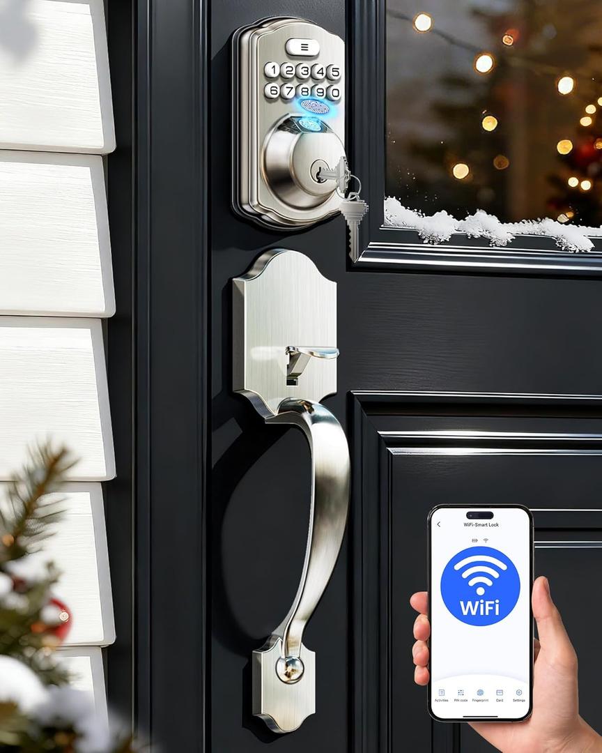 Veise VE012W-H WiFi Smart Front Door Lock Set, Built-in WiFi, App Remote & Voice Control, Keyless Entry Fingerprint Smart deadbolt with Handle, Backlit Keypad, Auto Lock, IP55 Waterproof, Satin Nickel