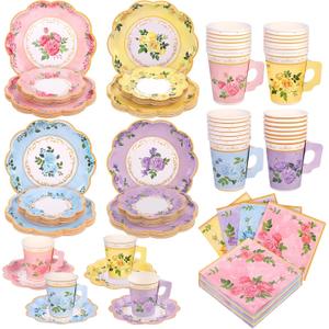 96 Piece Floral Paper Tea Cups and Saucers 9 Oz Teacup with Handle 9 Inch and 7 Inch Paper Plate Napkin Disposable Tea Party Supplies Serve 24 for Wedding Birthday, Pink, Blue, Yellow, Purple