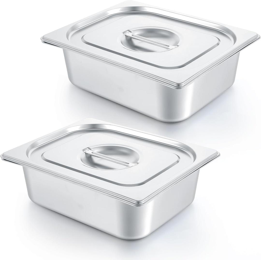 2 Pack Stainless Steam Hotel Pan with Lid, Steam Table Pan Restaurant Supplies Reusable Anti Rust Steam Pan Water Pan for Home, Party, Restaurant, Hotel, Buffet (1/2 Size x 4 Inch Deep)