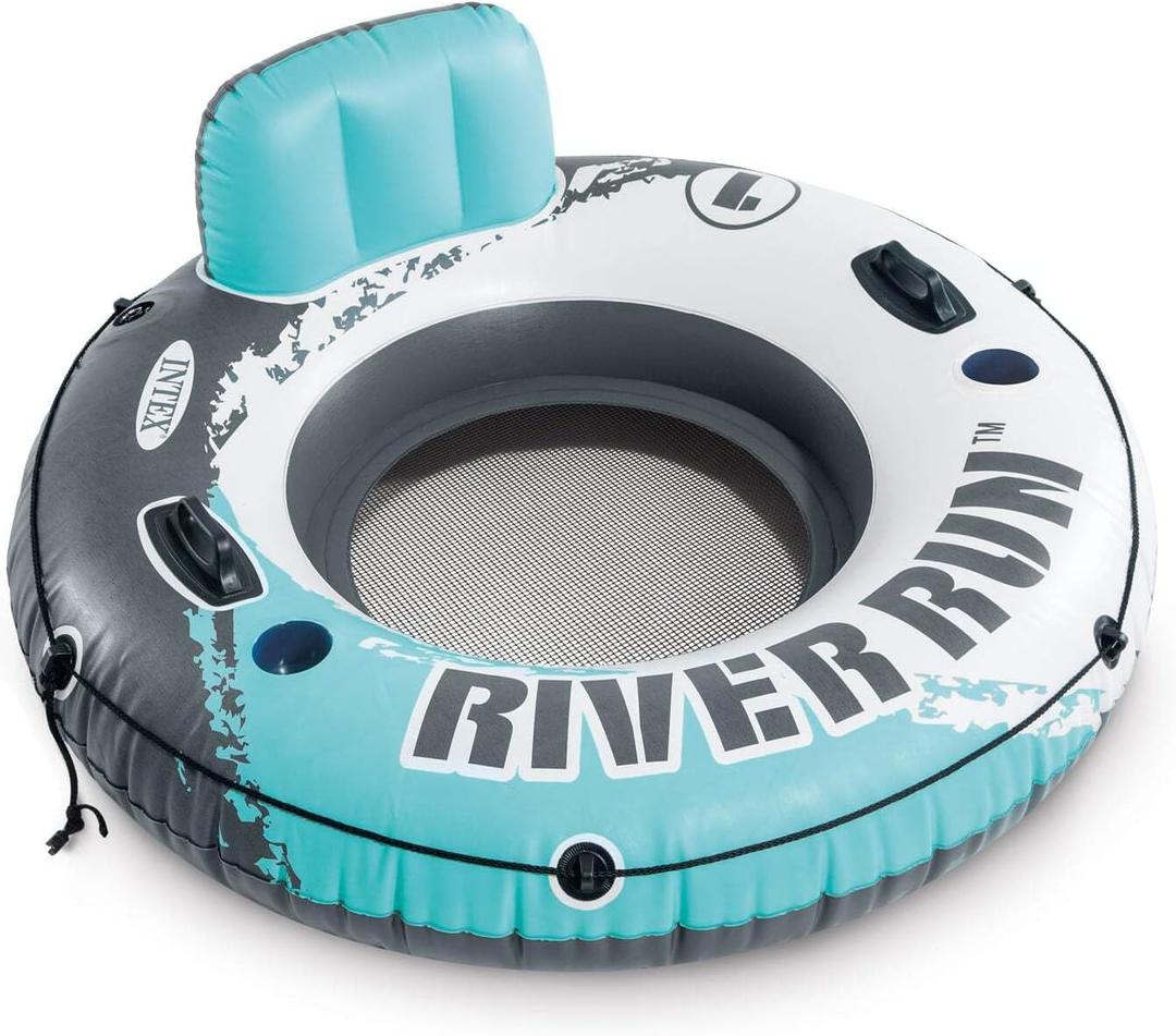 INTEX 56825EP River Run 1 Inflatable Floating Lounge: Comfortable Backrest  Built-in Cup Holders  Durable Grab Handles  All Around Grab Rope  220lb Weight Capacity  Color May Vary (Aqua)