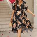 Keluummi Plus Size Summer Wedding Guest Maxi Dress for Curvy Women, V Neck 3/4 Sleeve Empire Waist A Line Floral Long Dress (Black, L)