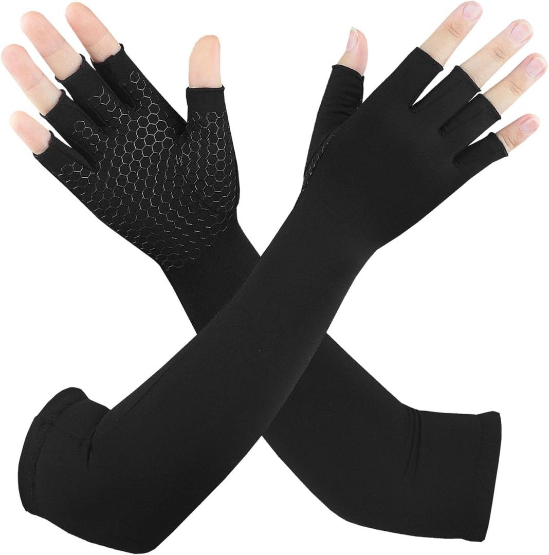 Long Copper Arthritis Gloves for Carpal Tunnel, Compression Gloves for Hand Pain Relief, Wrist Arm Support, Fingerless Typing Gloves for Rheumatoid, Tendonitis, Fits Women Men, 1 Pair, Medium (Black)