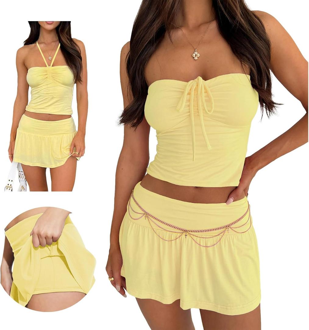 Summer Two Piece Outfits for Women Y2K Going Out Tie Ruched Tube Crop Tops Low Rise Pleated Mini Skort Skirt Sets (Medium, Yellow)