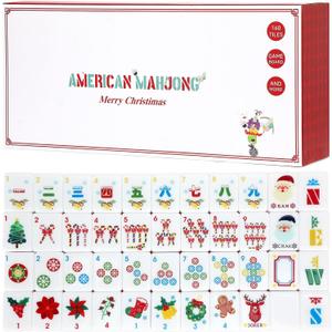 American Mahjong Tile Set(Christmas Theme) with Carrying Bag and Accessories, 160 Acrylic Engraved Mahjong Tiles with Racks with Pushers, Mahjong Tile Set for Family Friends