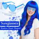 PLULON Blue Neon Wigs for Women with Heart Sunglasses, Colorful Long Curly Wigs Synthetic Colored Funny Cosplay Hairpieces for Daily Bachelorette Halloween Costume Party Decorations, Blue