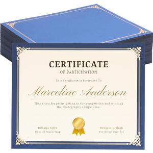 50 Count Single Sided Certificate Holders with Gold Foil Border Diploma Cover for or Letter Size 8.5 x 11 Certificate Paper, Cardstock, Award, Graduation, Documents,School - Blue