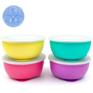 Elk and Friends Stainless Steel Bowls with Silicone Sleeve for Babies & Toddlers | Lids Included | Stay Put Suction | Cereal & Snack Bowls | 4 Pack (Purple/Pink/Teal/Yellow)