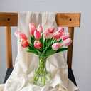 Pink Tulips Artificial Flowers with Vase, 15 Pcs Faux Tulip Stems in Vase, Real Feel PU Flowers Arrangement Suitable for Kitchen Living Office Spring Decor, Centerpiece Table Decorations
