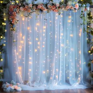 10x10ft Baby Blue Tulle Backdrop Curtain with Lights String for Parites, Sheer Photo Backdrop Curtains with Lights for Wedding Backdrop Ceremony Reception Bridal Shower Baby Shower Birthday Party