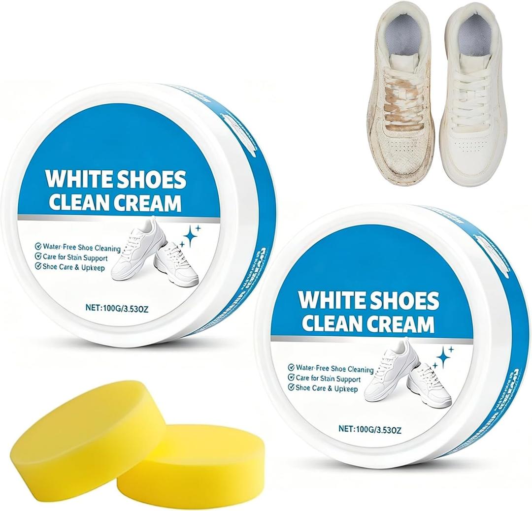 2PCS White Shoe Cleaner Cream, Multipurpose No-Wash Cleaning Solid Paste, MultiFunctional Sneaker Cleaner with Sponge Removes Stains for Sneakers