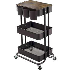 3-Tier Metal Utility Rolling Cart Storage Side End Table with Cover Board and Handle for Office Home Kitchen Organization, Black