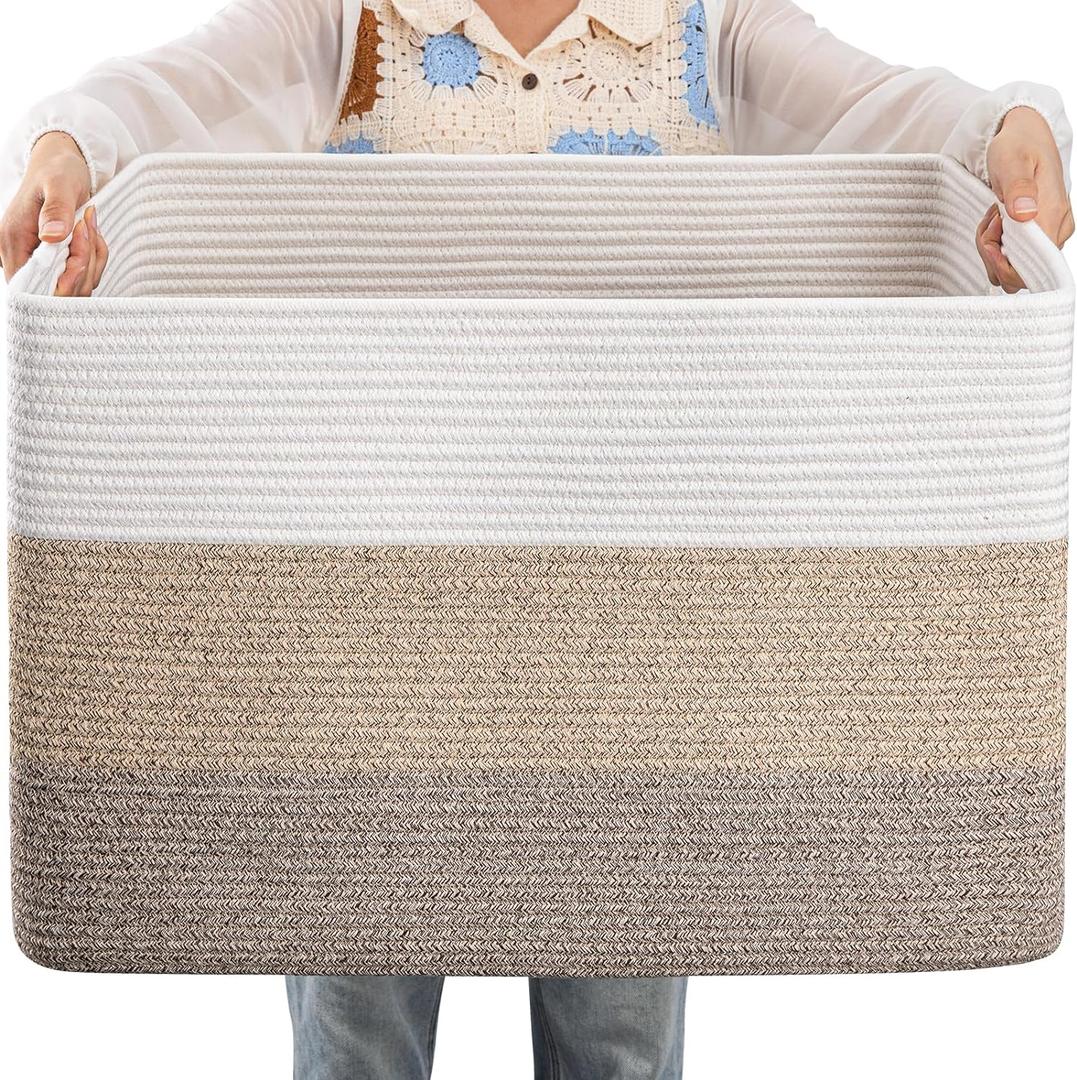OIAHOMY 108L Large Cotton Rope Basket, Rectangle Woven Baskets for Storage, Nursery Blanket Storage Living Room, Toy Basket With Handle-25x16x16-Gradient Yellow