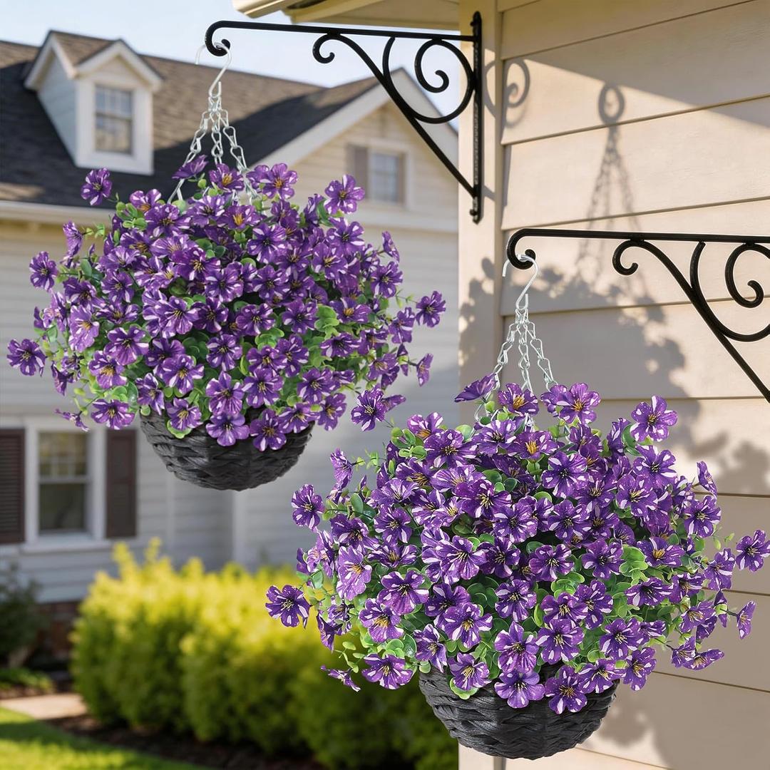 GLIDLION Artificial Flower & Eucalyptus with Hanging Basket - 2PCS Faux UV Sun Resistant Morning Glory in Planter, Fake Colorful Silk Flowers for Spring Summer Porch Patio Balcony Yard Decor (Purple)