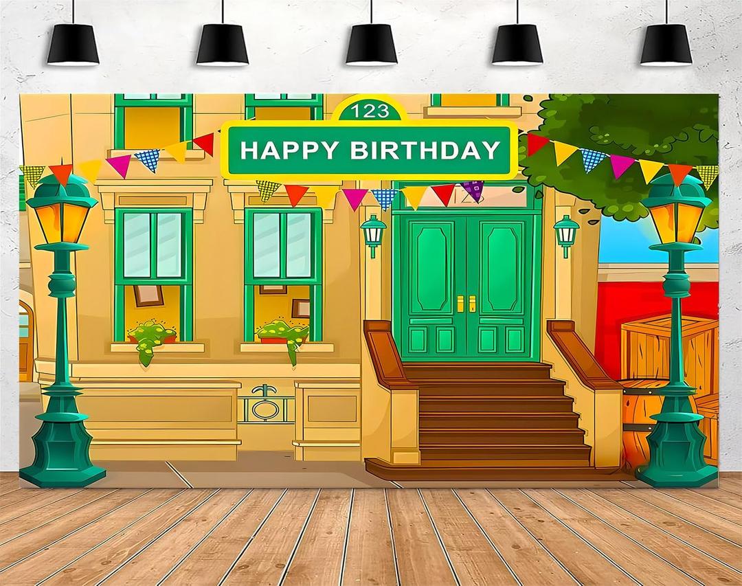 Happy Birthday for Boys and Girls Photography Background CartoonStreet Theme Children's Baby Party Baby Shower Decoration Banner Props Vinyl 7x5 Feet
