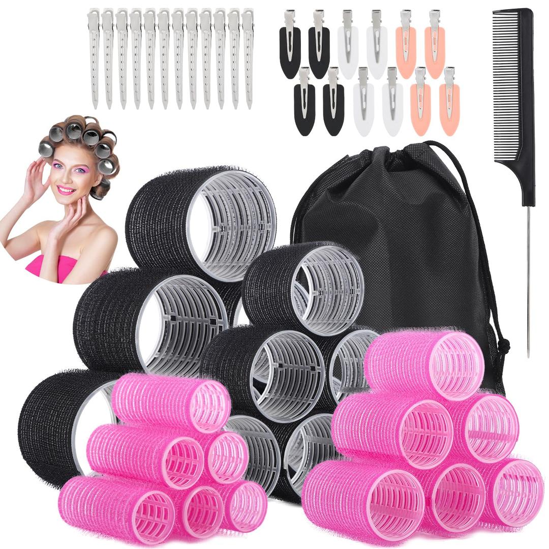 50Piece Hair Rollers Set, Self-Grip Rollers Hair Curlers for Long Medium Short Hair, 4 Sizes of Hair Rolls(6 Jumbo + 6 Large + 6 Medium + 6 Small + 1 Storage Bag), and 24Pcs Clips/1Pcs Comb