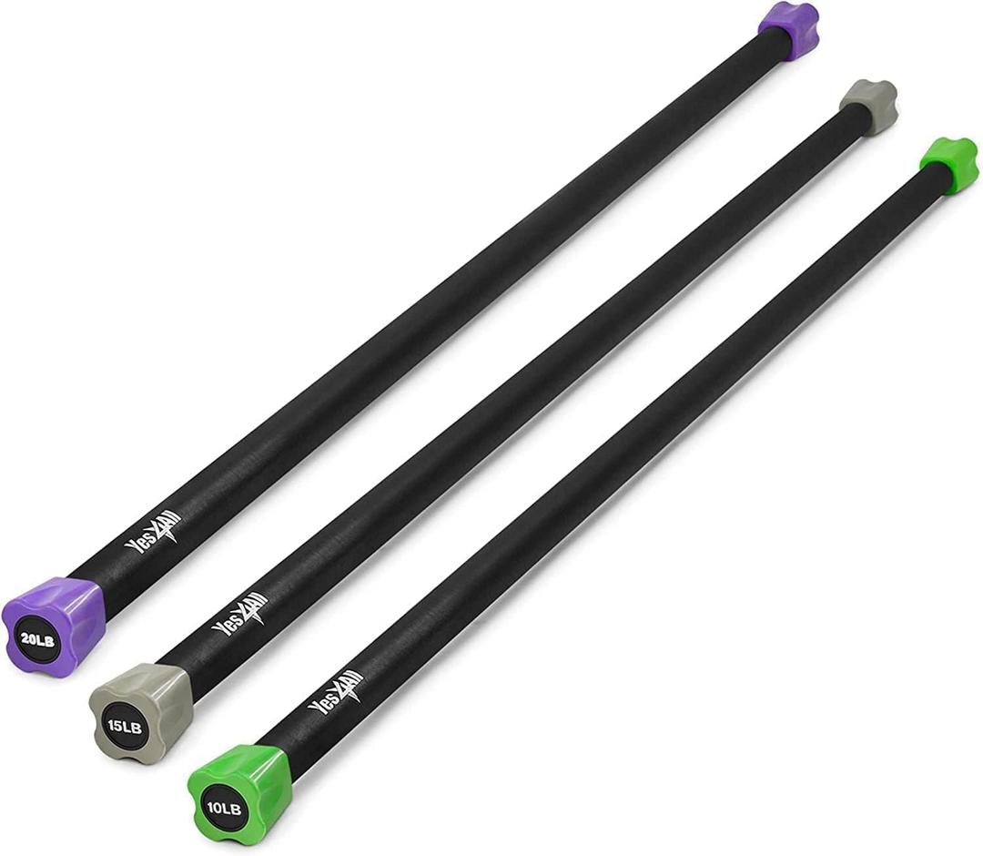Yes4All Total Body Workout Weighted Bar, Resistance Band Bar, Racks for Strength Training, Exercise Bar for Yoga in Home and Gym - Single/Combo (I. Set 10 + 15 + 20lbs)