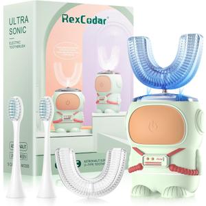 Ultrasonic Kid's U-Shaped Electric Toothbrush, IPX7 Waterproof, Five Cleaning Modes, 60S Smart Reminder (Cartoon Astronaut, Green Ages 2-6)