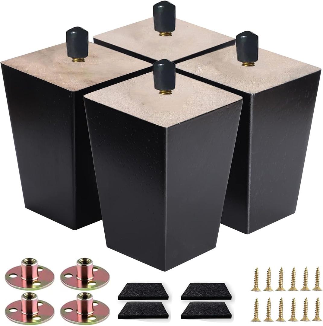 Sofa Legs Square Bed Feet 5 inch Wood Replacement Leg for Furniture Set of 4,Black