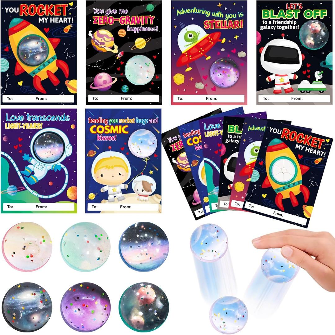 Fancy Land 24 Pack Valentines Gifts for Kids Classroom Space Bouncy Balls Boy Kids Valentines Day Cards for School Classroom Exchange Gifts Party Favors