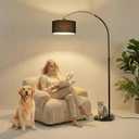 Arc Floor Lamp with Fan Head, Dimmable Floor Lamps with Remote, 3 Color Temperatures Adjustable Standing Lamp, Bright Reading Floor Lamp with Marble Base for Living Room Bedroom (black+black linen)