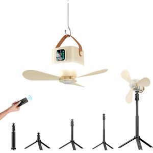 tent ceiling fan, 7600 mAh Battery Camping Fan, 2-in-1 Standing and Hanging Design for Camping and Dormitory camping fans for tents, Beige