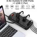10 Feet Surge Protector Power Strip - Nuetsa Extension Cord(1625W/13A) with 8 Outlets and 4 USB Ports, Flat Plug, 2700 Joules, for Home, School, College Dorm Room, and Office, ETL Listed, Black