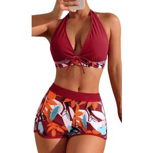 Women's Two Piece Halter Swimsuit V Neck Push Up Bikini Set Swimwear with Boyshorts Swimwear for Swimming Pool, L