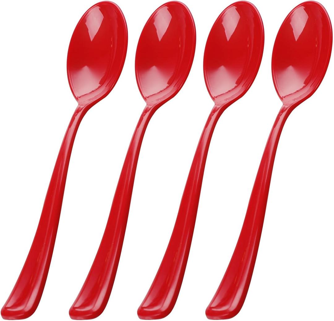 WDF 100 Pack Red Plastic Spoons - 6.9 Inch Heavy Duty Red Disposable Plastic Spoons - Modern Red Disposable Spoons Perfect for Tea Party Birthday Valentine's Day
