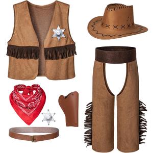 Cowboy Costume for Boys 7pcs Set Kids Dress Up Birthday Party Halloween Cosplay 8-10 Years