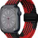 Magnetic Braided Loop Band Compatible with Apple Watch Series 11 10 42mm 9 8 7 6 5 4 40mm 41mm for Women Men, Stretchy Nylon Elastic Sport Strap for iWatch SE 1/2/3, Black/Red