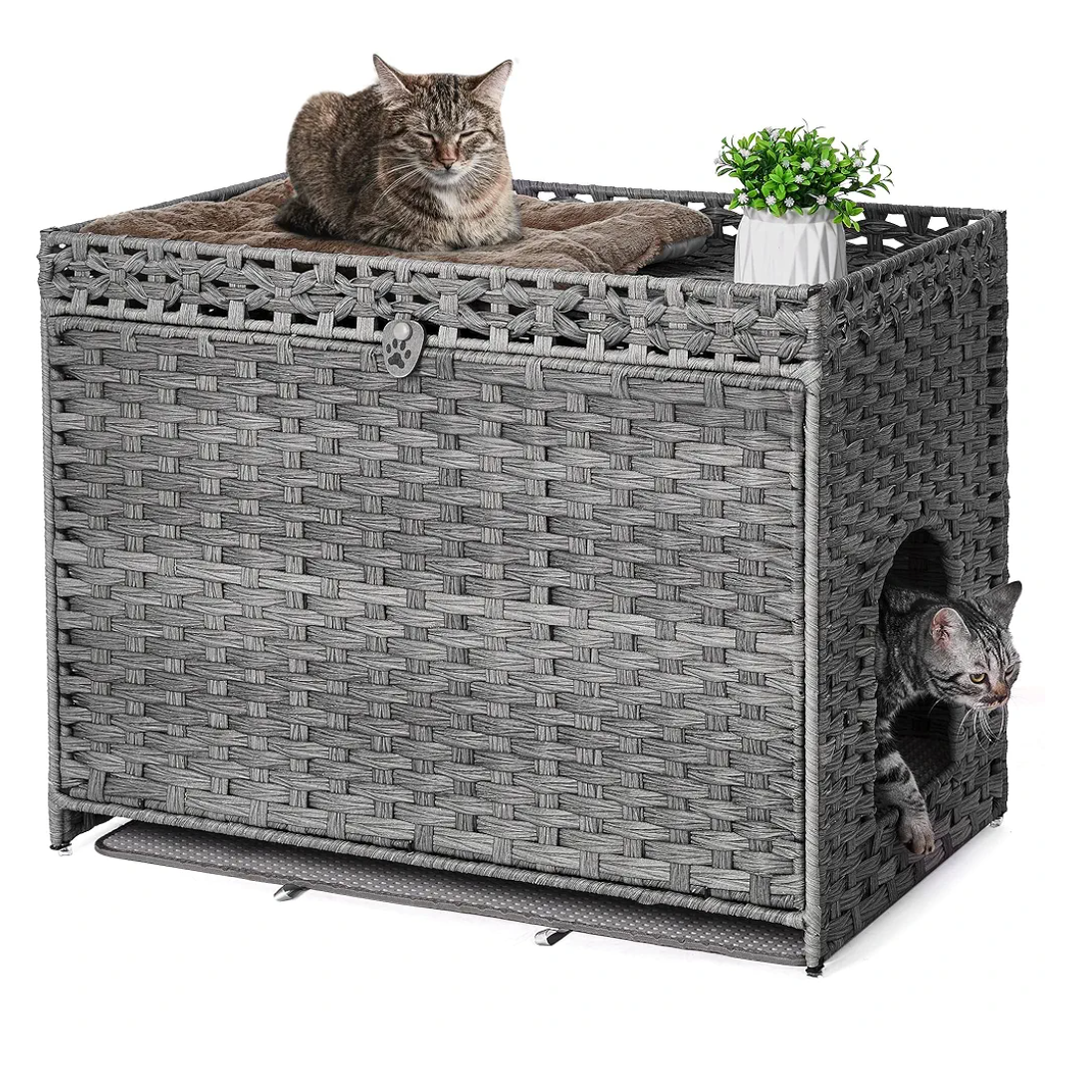 Cat Litter Box Enclosure with Soft Litter Mat; Hidden Kitten Washroom Furniture with Door; Handwoven Rattan Cat House with Large Space; Pet Crate for Living Room, Bedroom, Balcony (Grey)