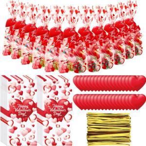 Gueevin 150 Set Happy Valentines Day Cellophane Treat Bags Bulk Goodie Candy Cookie Cello Bags with Twist Ties Gift Cards Party Favors for Party Supplies